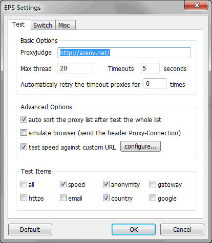 Elite Proxy Switcher Testing Setting Dialog